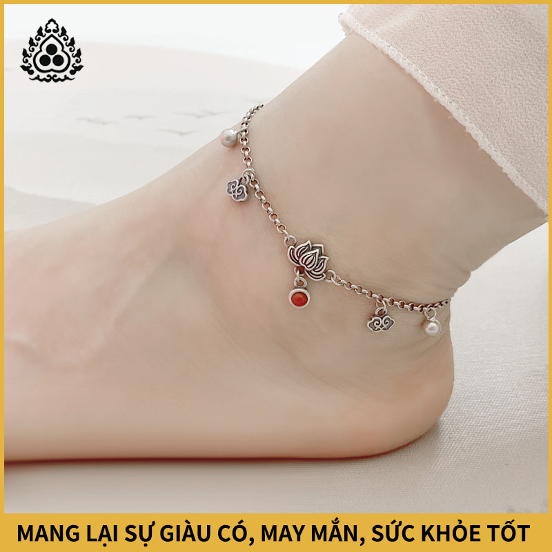 HR-Bạc S925 hoa sen tua vòng chân nữ mã não đỏ phía nam cá tính tua chân vòng chân dây vòng chân cầu may mắn và cứu trợ thiên tai quà tặng nữ