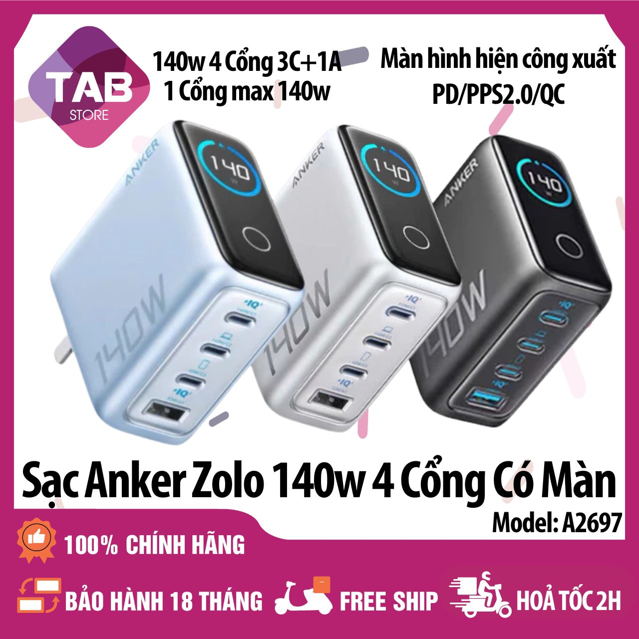 Sạc Anker Zolo 140W 3C1A PD3.1 QC PPS 2.0M àn Hình Báo Công Suất A2697 - Bảo Hành 18 Tháng