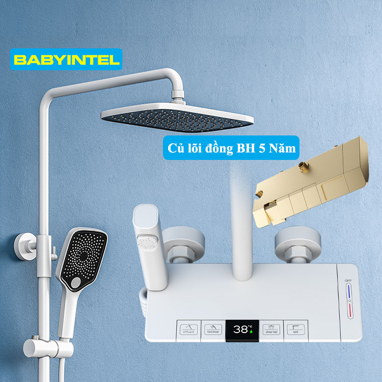 Bộ sen cây tắm đứng nóng lạnh, vòi hoa sen, bộ sen vòi tắm led 4 phím đàn sơn tính điện trắng sứ - mẫu hot 2022
