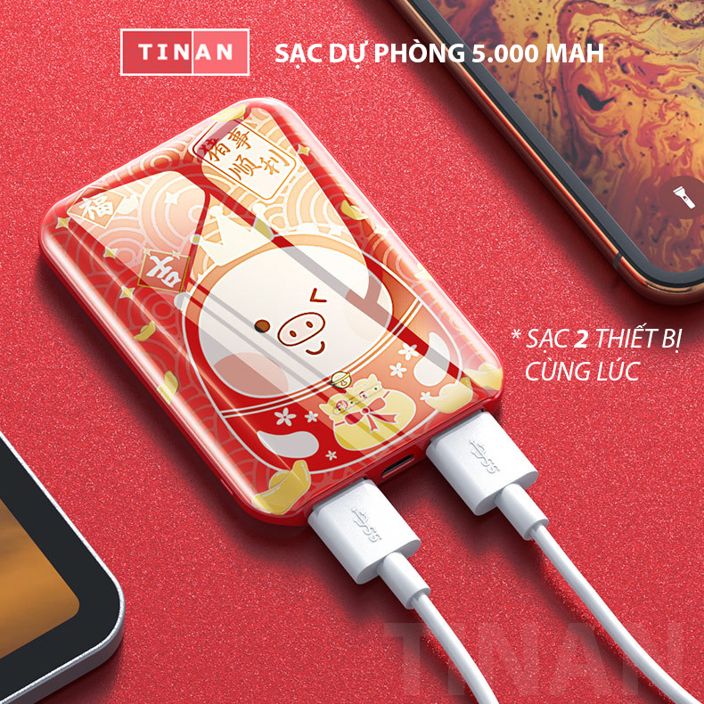 Sạc dự phòng 5000 mah họa tiết mini dễ thương, sạc hai thiết bị cùng lúc