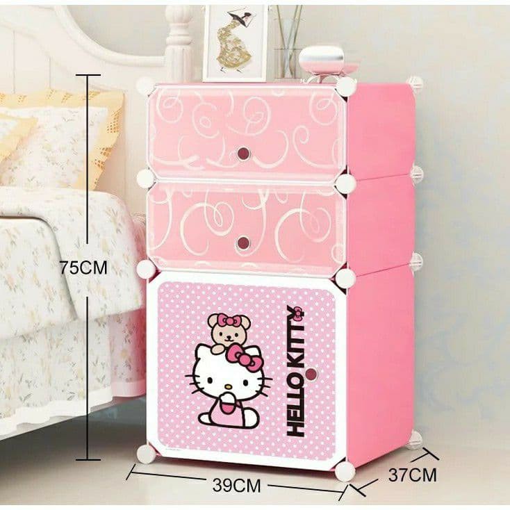 Tủ nhựa ghép - Tủ đầu giường 3 tầng - Hồng Hello Kitty