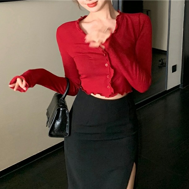 Áo croptop tay dài bèo cúc cài thật ENTYTY shop