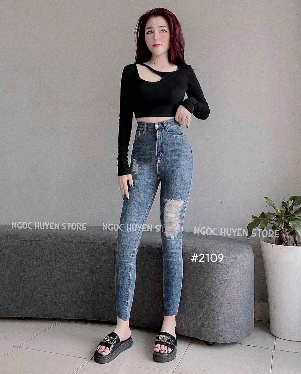Quần jean dài nữ cao cấp lưng cao phối rách - JT