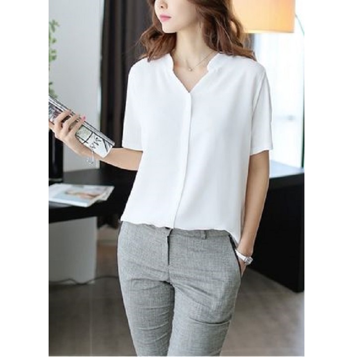 Áo sơ mi nữ công sở kiểu ngắn tay cổ trụ V