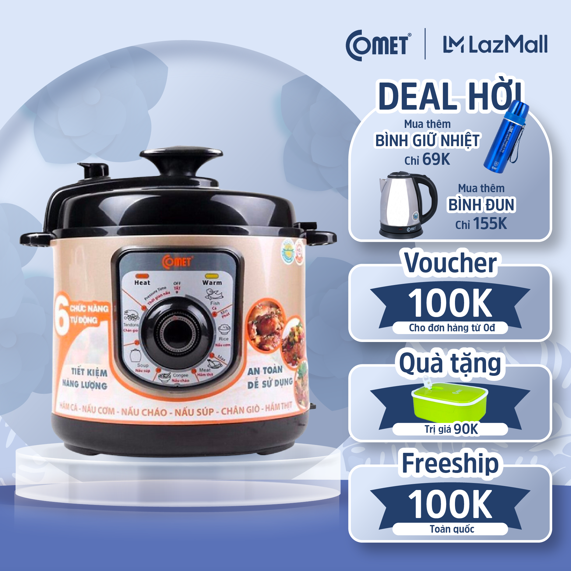 Nồi áp suất điện đa năng nắp liền 6L COMET - CM6156 - Hàng Chính Hãng - Bảo hành 12 tháng