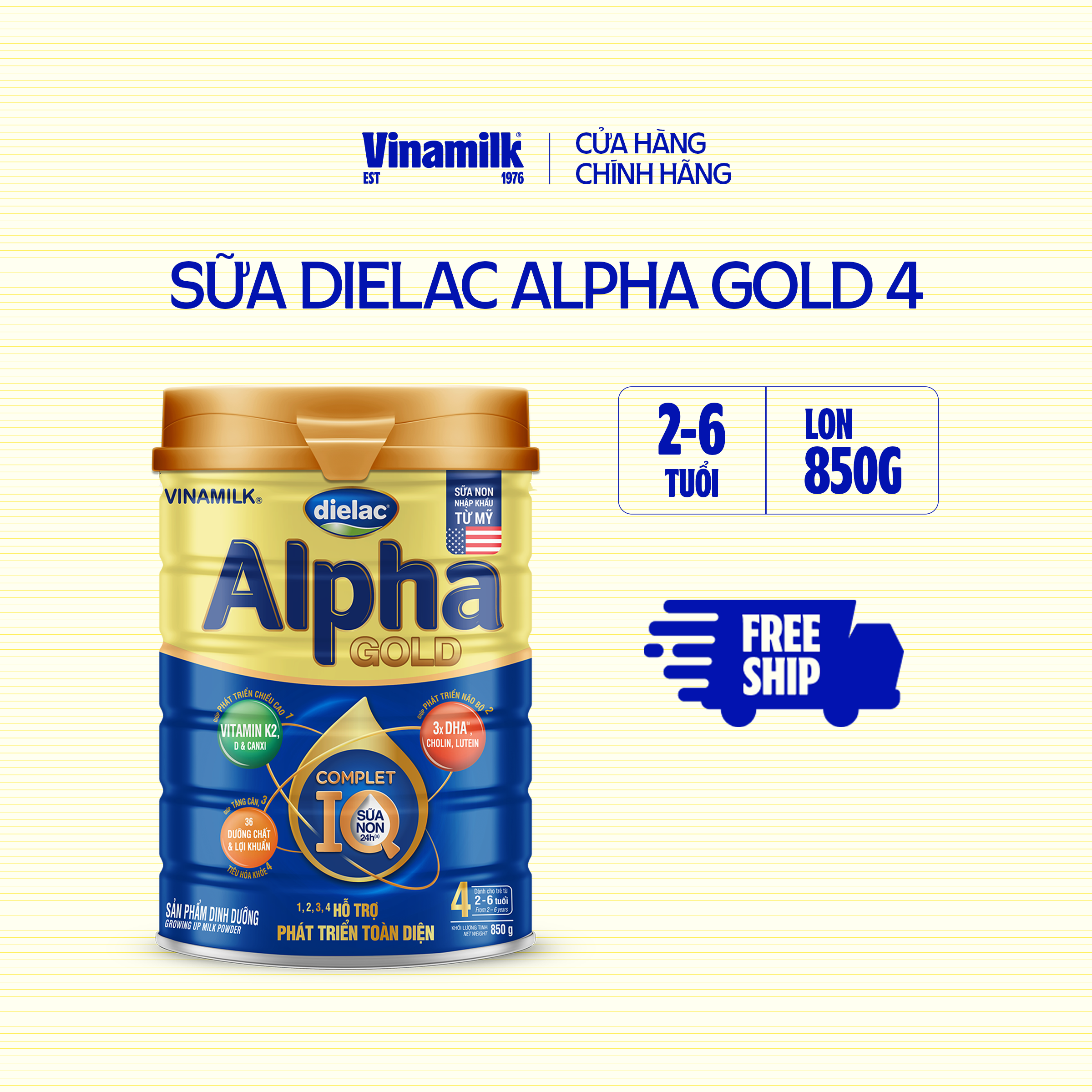 Sữa bột Vinamilk Dielac Alpha Gold 4 - Hộp thiếc 850g (cho trẻ từ 2- 6 tuổi) - Sữa công thức hỗ trợ phát triển trí não của bé, tăng cân, chiều cao