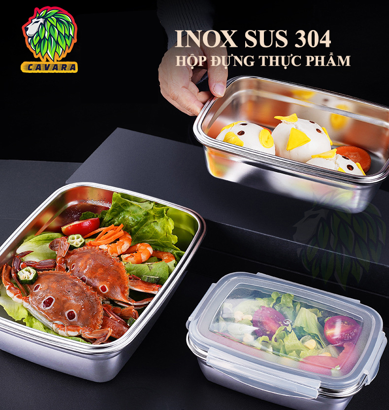 Hộp Inox 304 Đựng Thực Phẩm, Hộp Bảo Quản Thức Ăn Có Nắp Đậy CAVARA, An Toàn Vệ Sinh Chất Lượng, khay chứa thức ăn, hộp chia thực phẩm cho tủ lạnh, đồ dùng nhà bếp tiện dụng