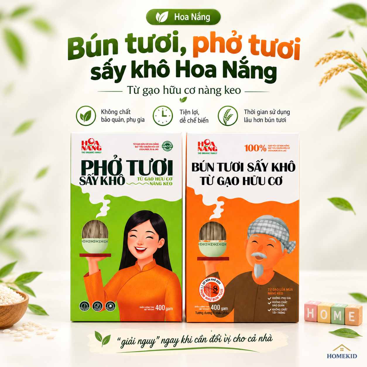 Bún Tươi Sấy Khô, Phở Tươi Sấy Khô Hữu Cơ Hoa Nắng Hộp 400g Không Chất Bảo Quản, Không Phụ Gia