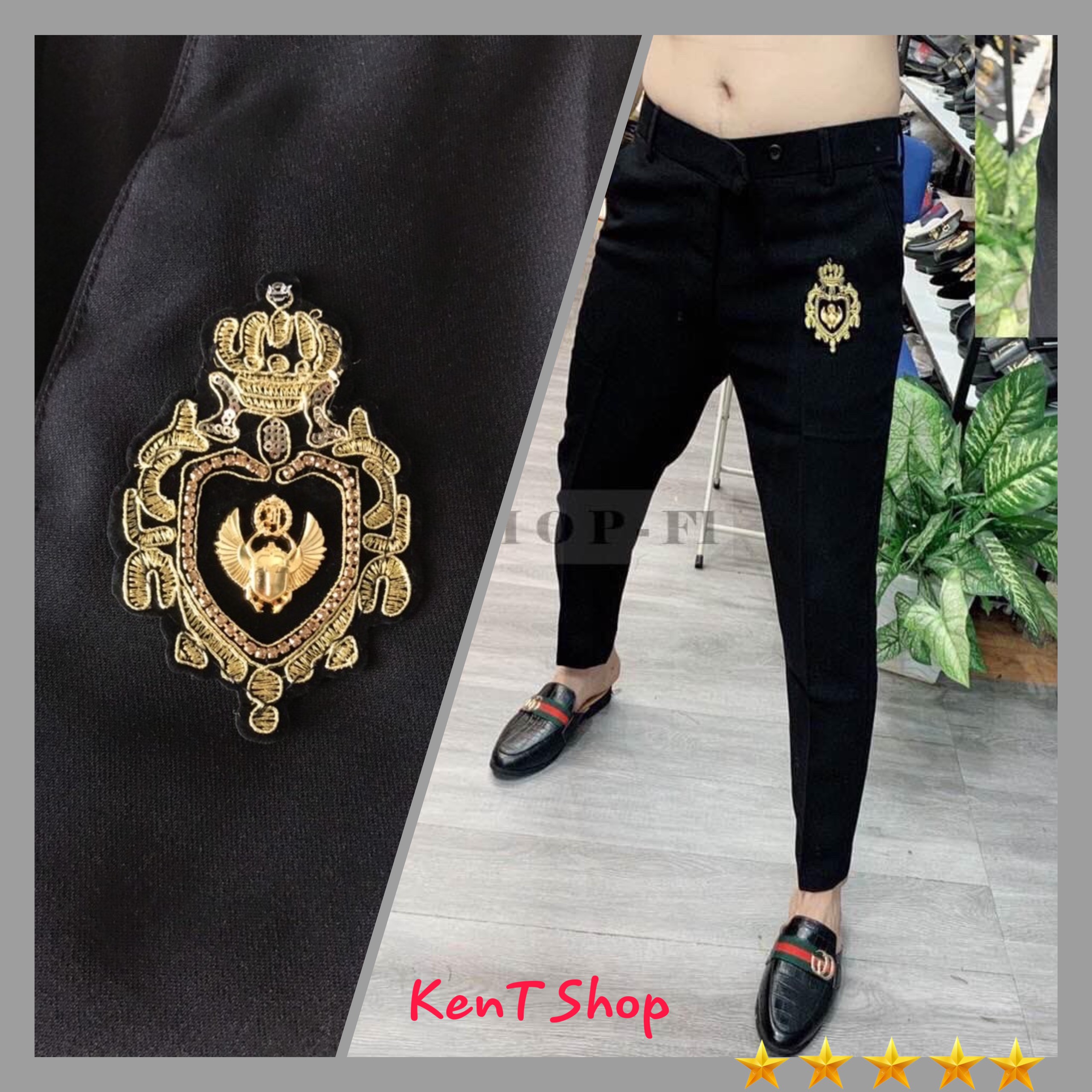 [𝐋𝐨𝐠𝐨 𝐎𝐧𝐠 𝐌𝐨̛́𝐢 𝐒𝐢𝐞̂𝐮 Đ𝐞̣𝐩] Quần Tây Đen Họa Tiết Thêu Dáng ôm ống côn vải chống nhăn