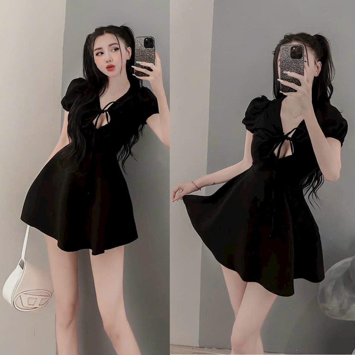 Đầm xòe hở ngực cột nơ vai bồng tay ngắn thời trang XIXO cao cấp chất cotton sang mịn đẹp