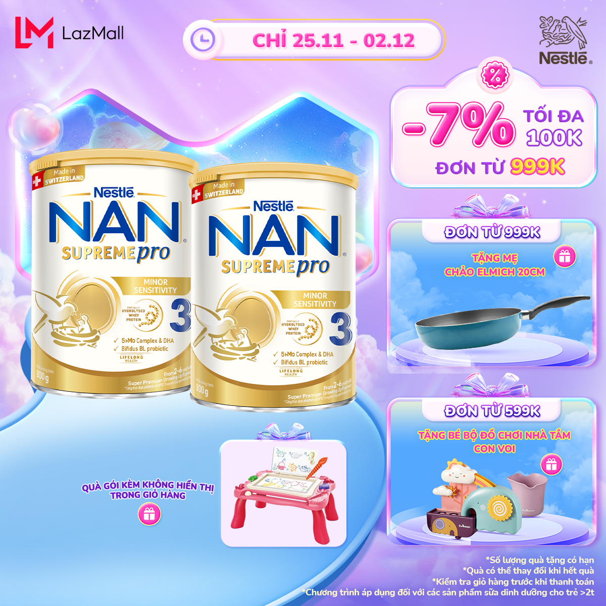 Bộ 2 Sữa bột Nestlé NAN SUPREMEPRO 3 800g nhập khẩu Đức đạm Gentle Optipro ngừa mẫn cảm + Tặng đồ chơi cho bé( ngẫu nhiên)
