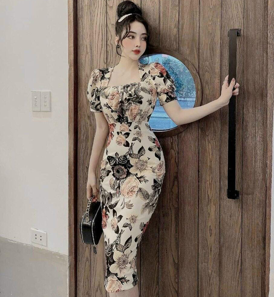 Đầm Váy Nữ Body Cổ Vuông Nhún Ngực Chất Umi In Họa Tiết Hoa 3D Thiết Kế Sang Chảnh Đi Làm Công Sở, Đi Chơi Du Lịch Cực Xinh Đẹp Beta Fashion, Free Size (40-55) Ký Mặc Vừa Nha