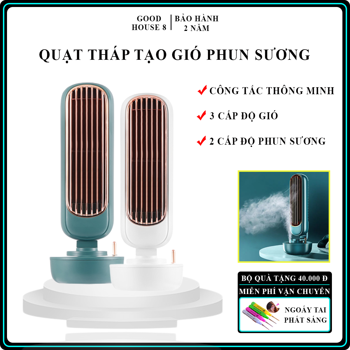 Quạt phun sương, quạt tháp tạo ẩm tích hợp phun sương hai trong một để bàn, quạt điện tạo ẩm tích hợp sạc USB. Bảo hành 2 năm
