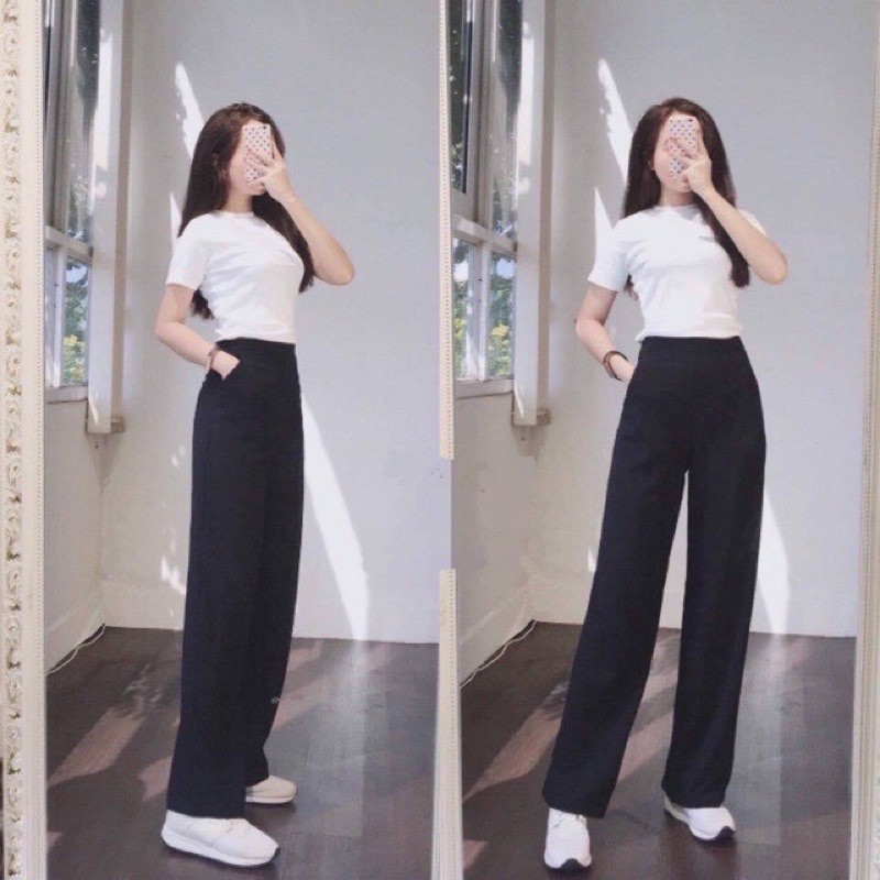 [EVACICI] Quần denim ống rộng màu trơn phong cách Hàn Quốc cho nữ, quần cạp cao ống rộng