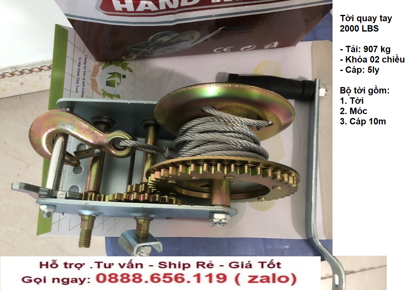 Tời quay tay 2000lbs tải trọng 907kg, gồm tời, cáp 10m và móc cáp, có khóa 02 chiều, bảo hành 12 tháng uy tín