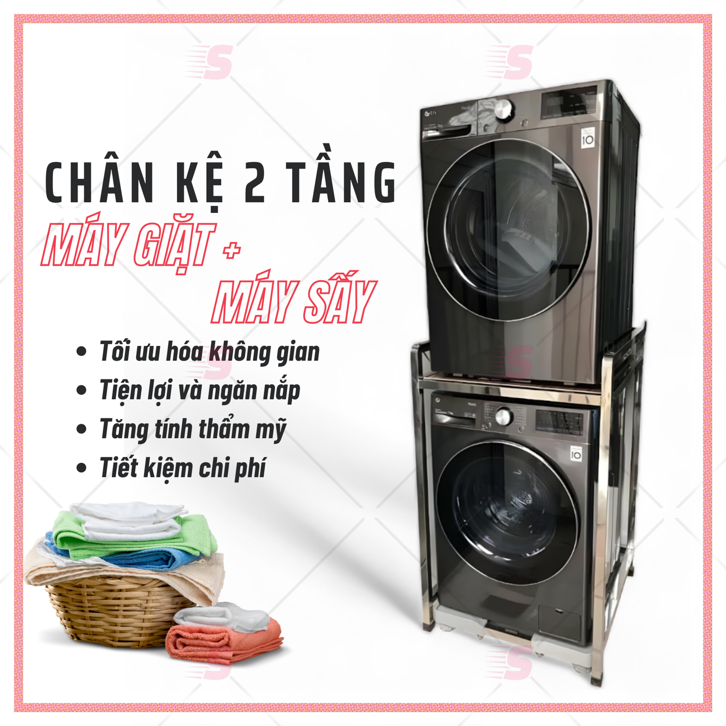 Kệ máy giặt máy sấy 2 tầng chịu tải đến 300KG phù hợp các loại máy giặt máy sấy Bảo hành 2 năm