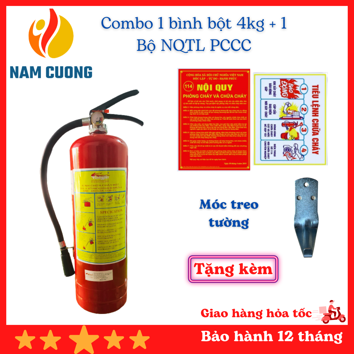 Combo 1 bình chữa cháy bột ABC 4KG có đồng hồ đo áp suất và 1 bộ nội quy tiêu lệnh tặng kèm móc treo bình