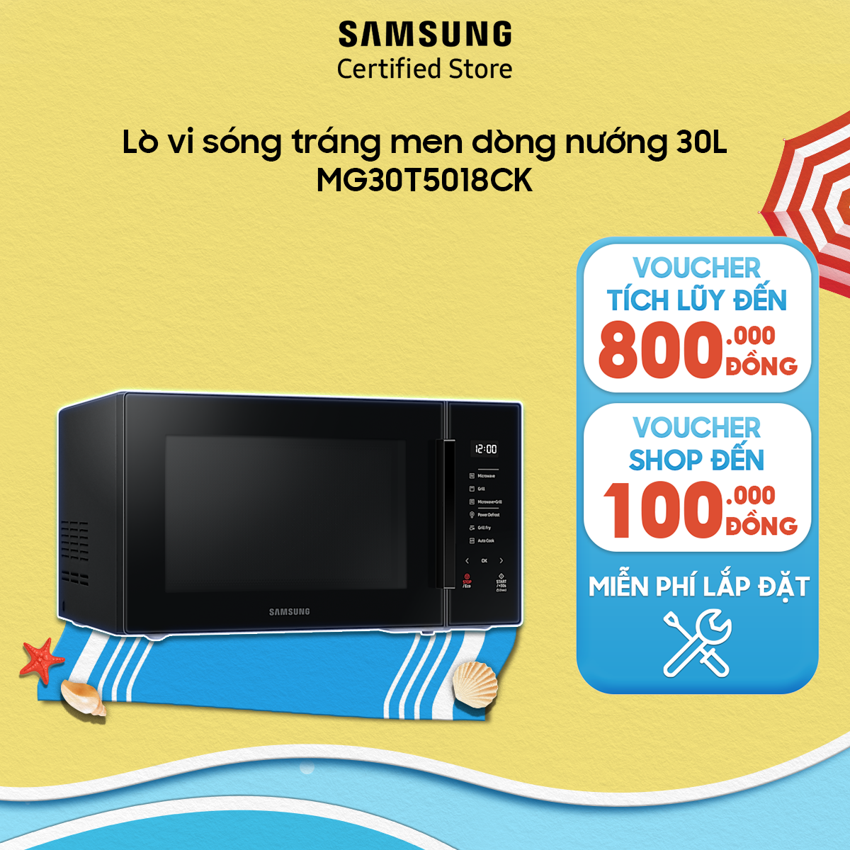 Lò vi sóng có nướng samsung mg30t5018ck/sv-ds 30 lít | chiên nướng không dầu grill fry | rã đông nhanh