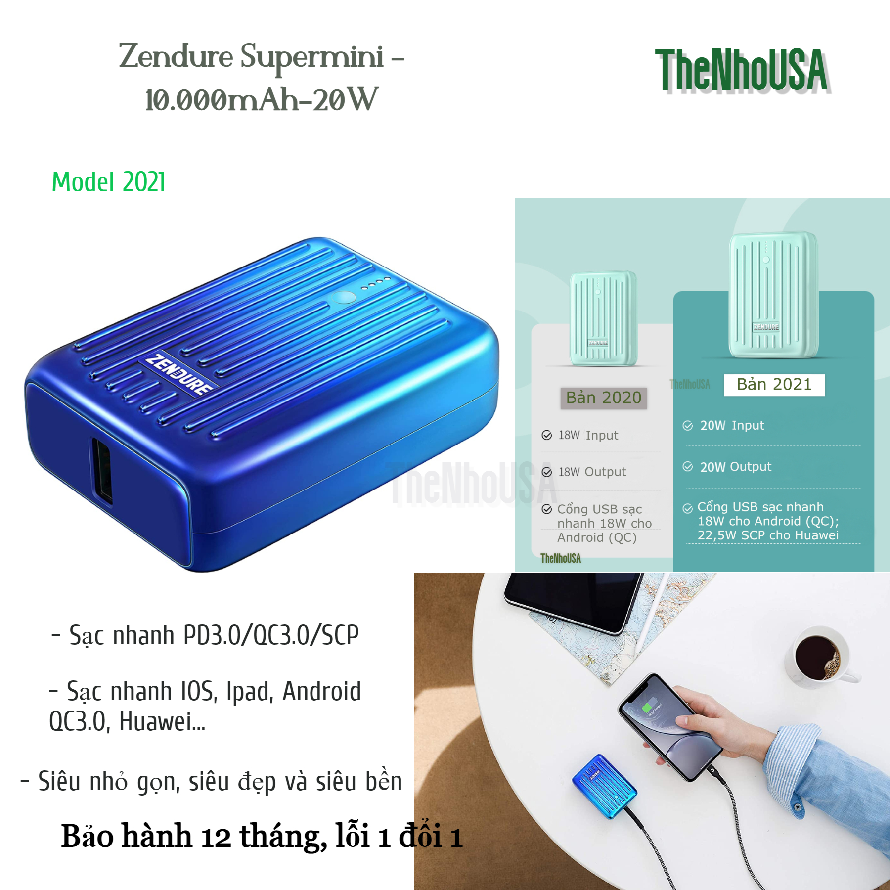 Sạc dự phòng Zendure Power Bank Supermini 10.000mAh USB-C 20W PD; Zen+2.0 (Phiên bản 2021)
