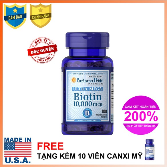 Viên uống kích thích mọc tóc, ngăn ngừa rụng tóc, giúp móng chắc khỏe, đẹp da ultra mega biotin 10000mcg puritan's pride 100 viên