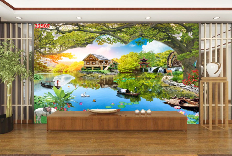 Decal tranh dán tuờng 3d sơn thủy phong cảnh thiên nhiên rừng cây sông suối trang trí phòng khách đẹp giá rẻ chất liệu decal pp cán màng bóng atm