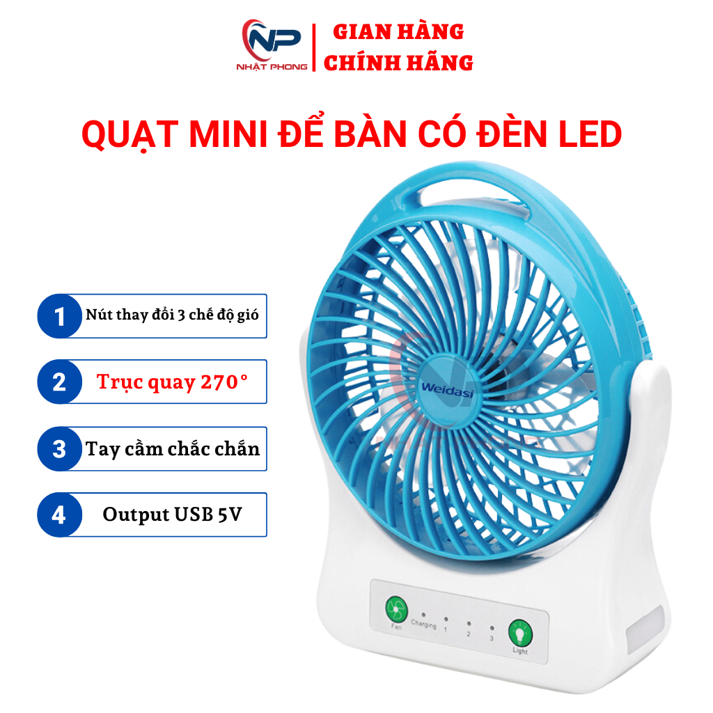 Quạt tích điện để bàn,quạt sạc điện cầm tay WD - 202 NHẬT PHONG SOLAR, 3 chế độ gió, xoay 270 độ, có đèn led, tay cầm chắc chắn, lông bảo vệ trẻ nhỏ, BẢO HÀNH 12 THÁNG