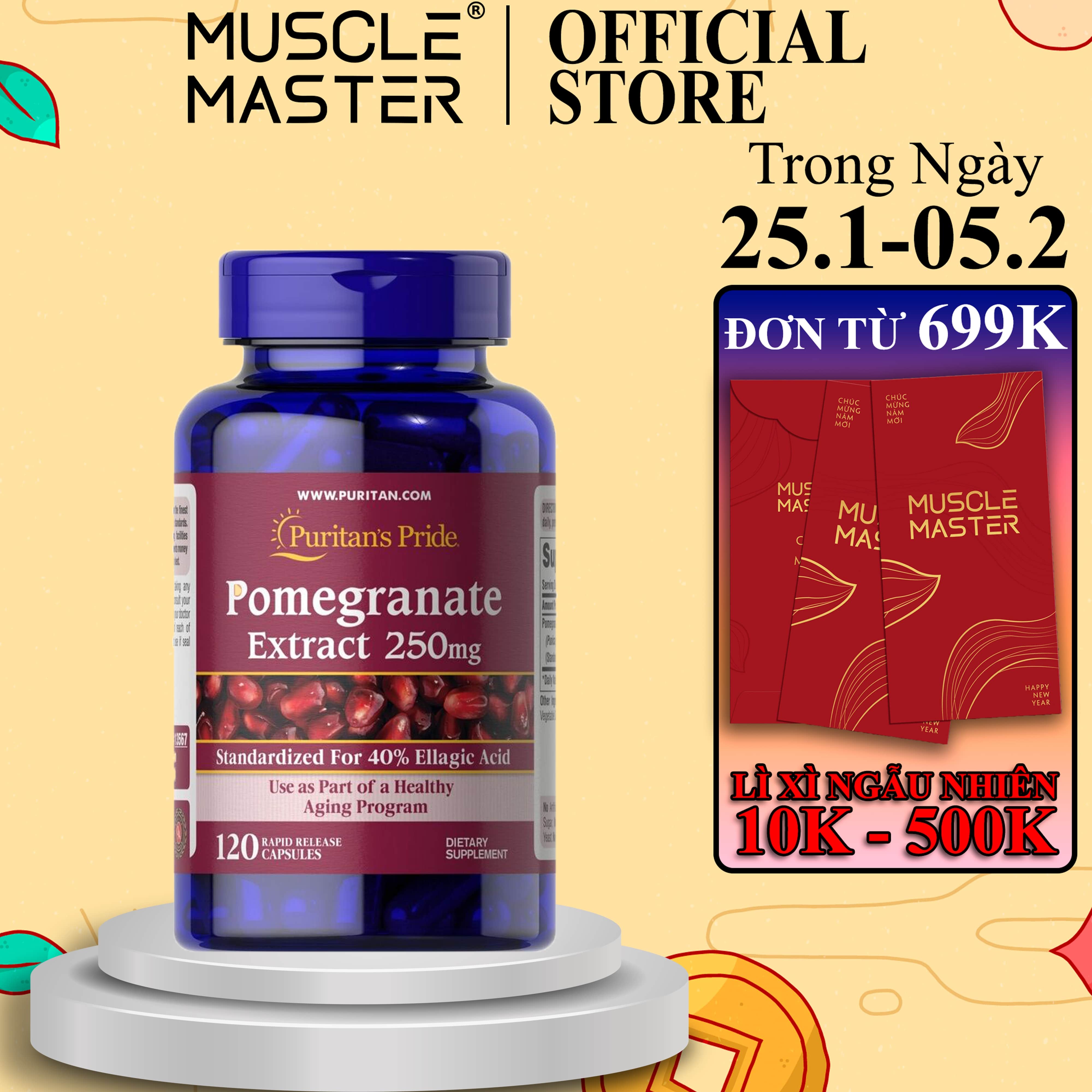 Viên Uống Chống Nắng Mờ Nám Đẹp Da Hạt Lựu Pomegranate Extract 250mg Puritans Pride
