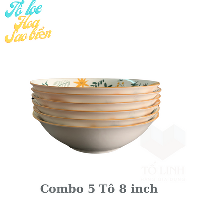 Combo 5 tô gốm sứ hoa chuyên dụng cho quan ăn,Tô gốm sứ hoa cao cấp 8 inch
