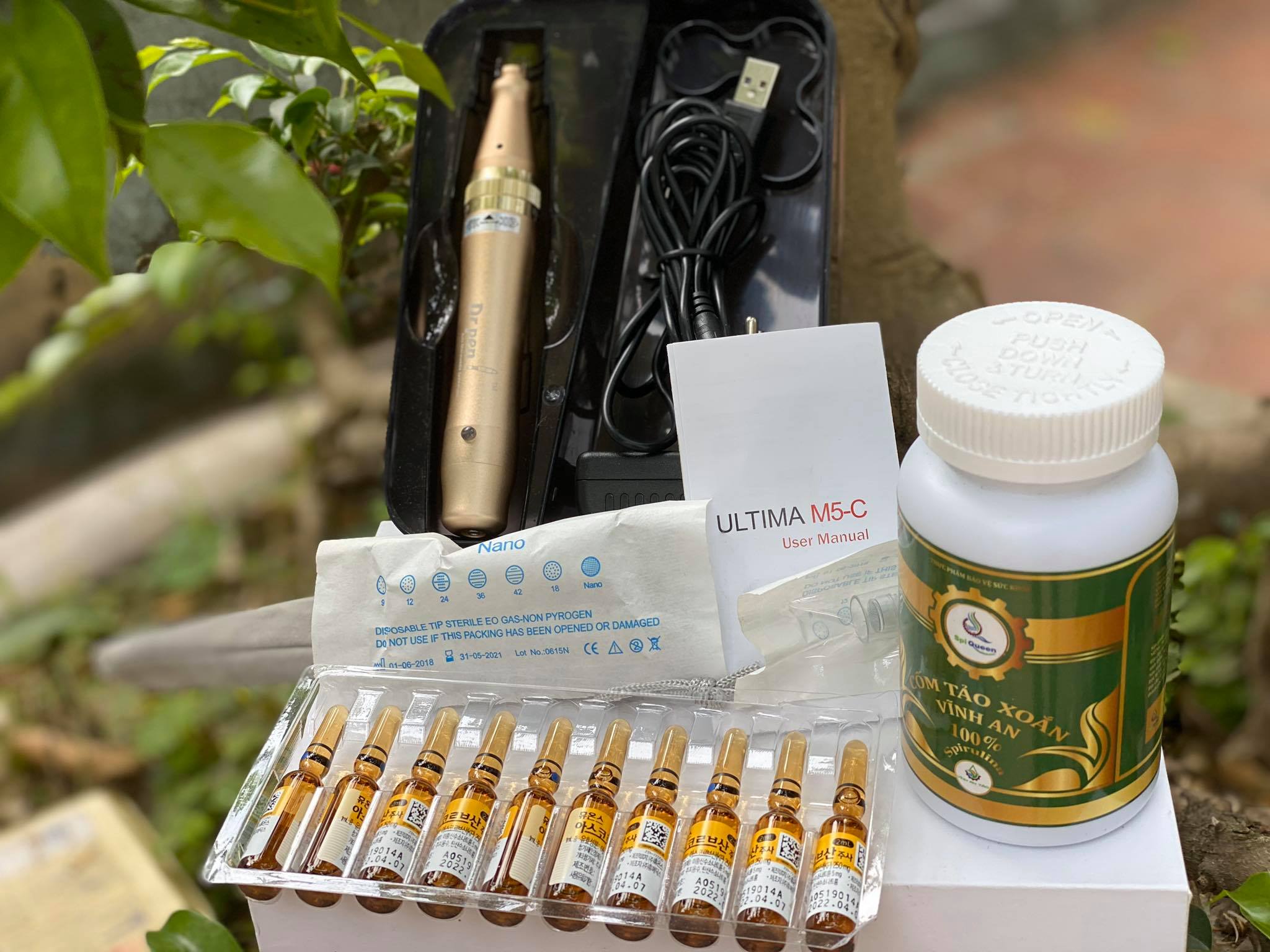 Combo Phi Kim Cấy Tảo Dr Pen M5-w Tích Điện, tảo xoắn và 10 ống vitamin C huons