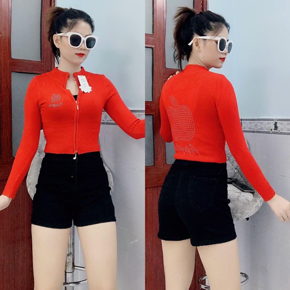 Áo khoác len croptop dây kéo đôi đính hạt sau lưng