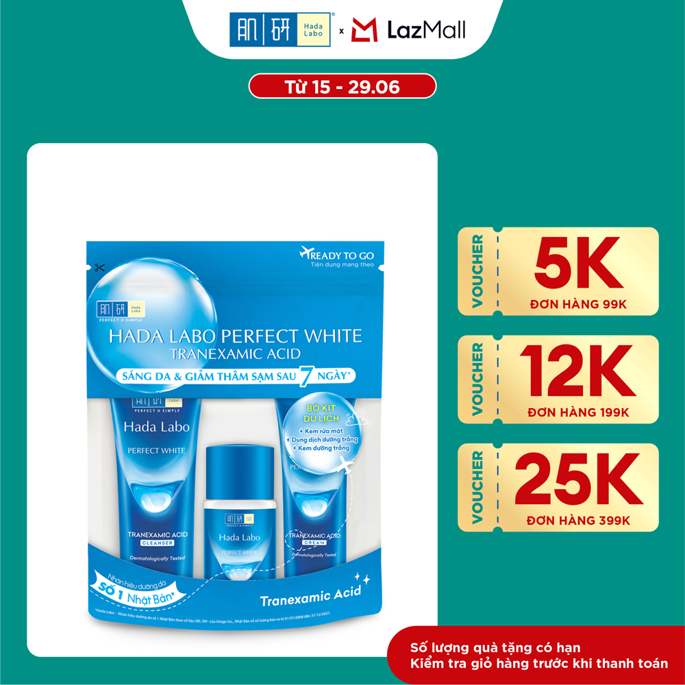 Bộ travel size dưỡng trắng Hada Labo Perfect White Tranexamic Acid Travel Set (Kem rửa mặt 15g+Dung dịch dưỡng 20ml+Kem dưỡng 12g)
