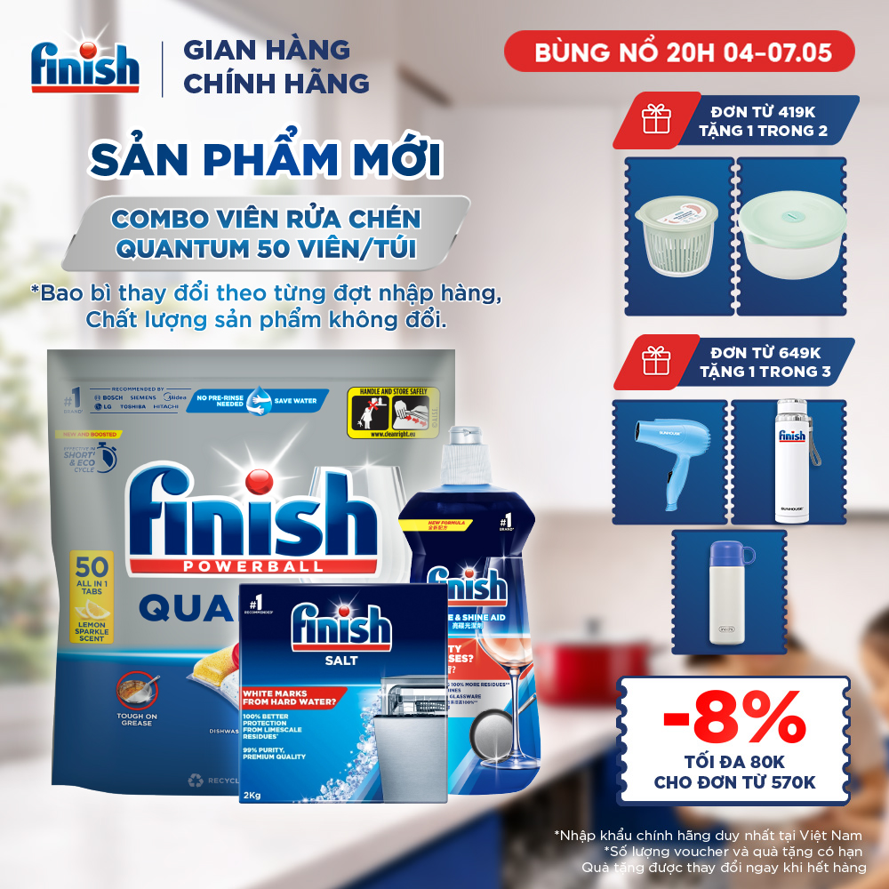 Combo Finish: Viên Rửa Chén Bát Finish Powerball Quantum 50 viên + Nước Làm bóng 500ml + Muối Rửa Chén Bát 2kg