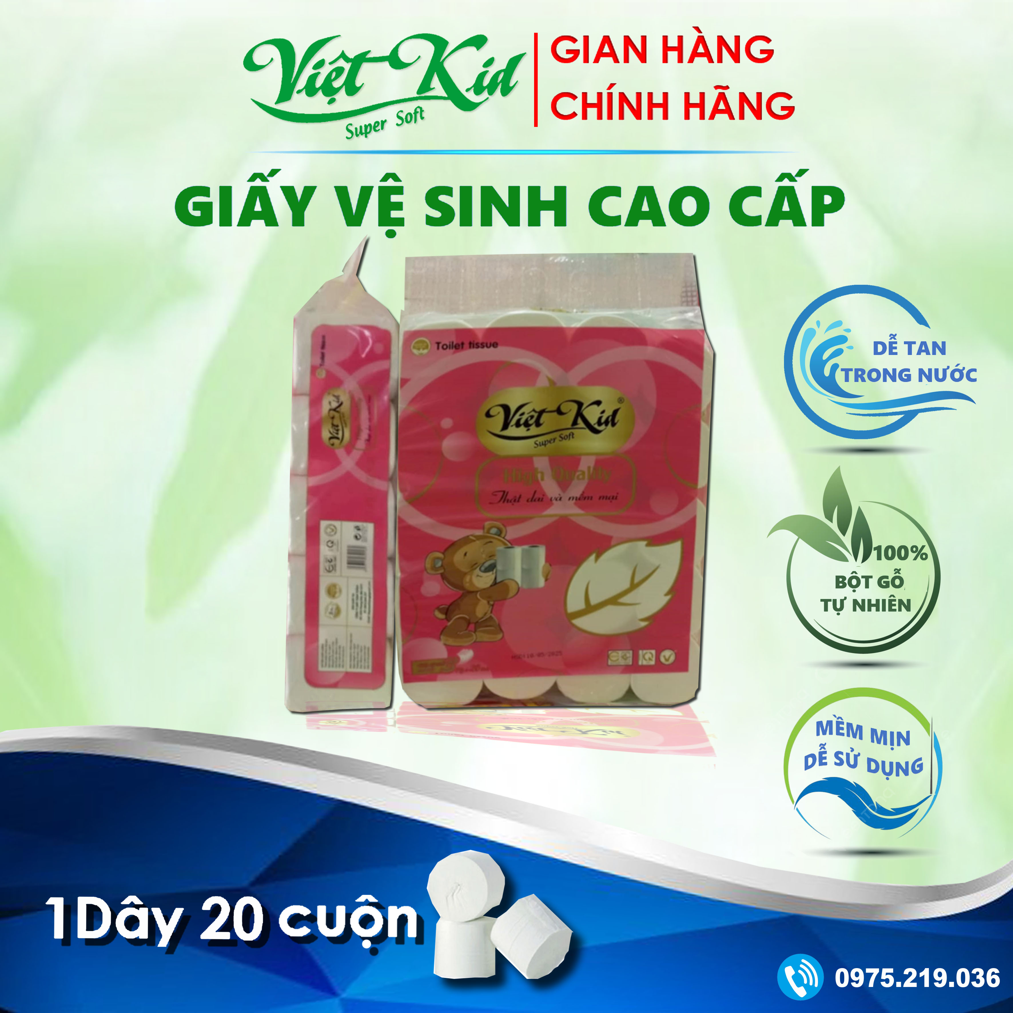 Giấy vệ sinh cao cấp Vietkid không lõi 20 cuộn