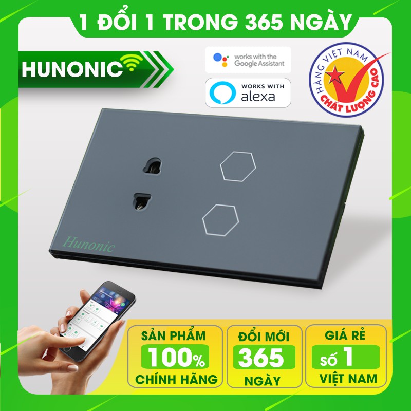 Công tắc thông minh phần mềm Tiếng Việt Hunonic 2 nút tích hợp ổ hỗ trợ Google Assistant . Công tắc cảm ứng WIFI kính cường lực- Công tắc điện 2 màu đen trắng Hàng Việt Nam Chất Lượng Cao- BH 12 tháng