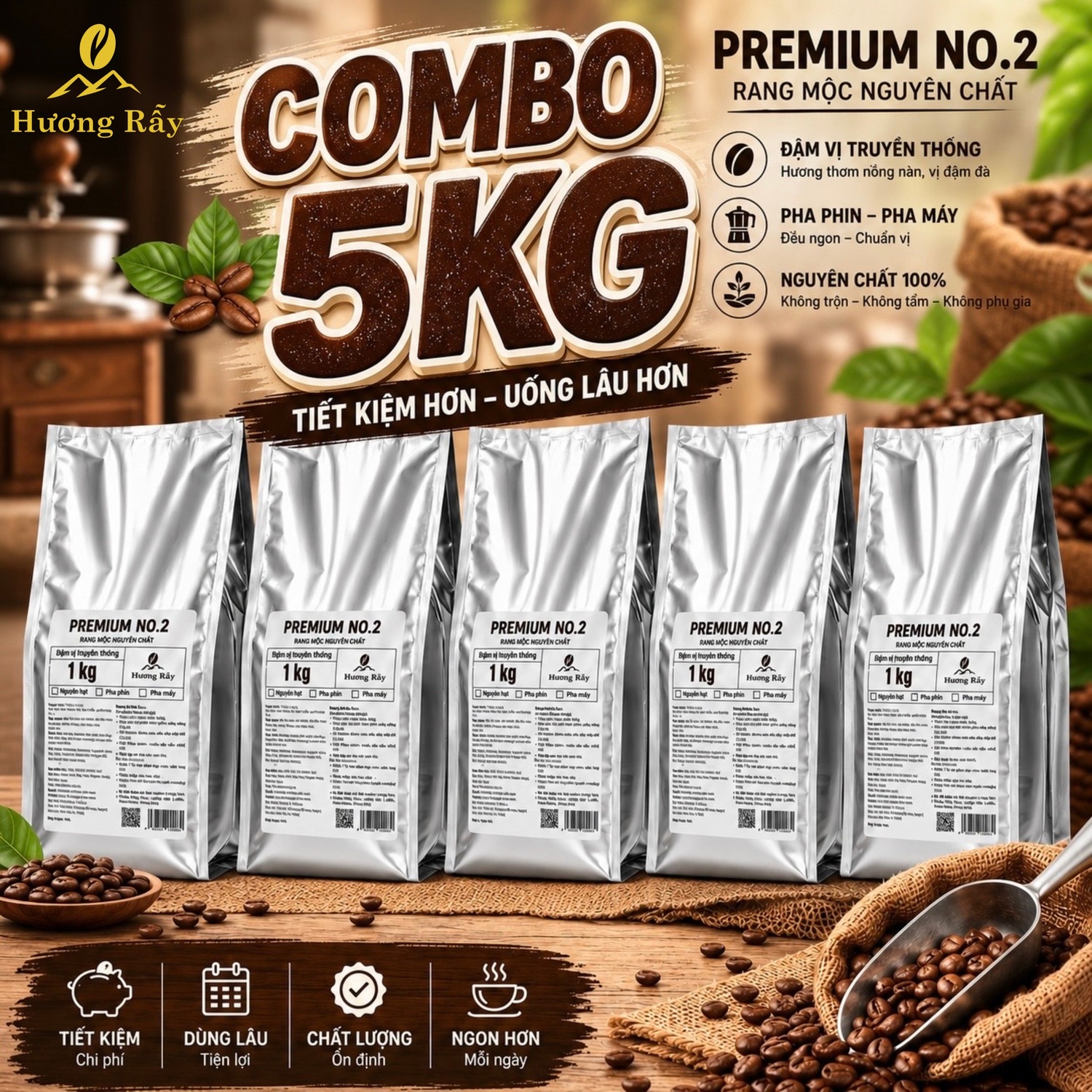 Cà Phê Rang Mộc Cao Cấp Hương Rẫy Premium No.2 | COMBO 5KG | Blend Fine Robusta + Culi