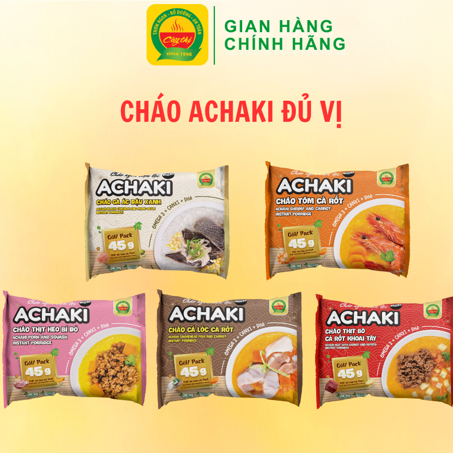 Combo 5 gói cháo ngon tiện lợi achaki: tôm cà rốt, thịt heo bí đỏ, thịt bò cà rốt khoai tây, gà ác đậu xanh, cá lóc cà rốt