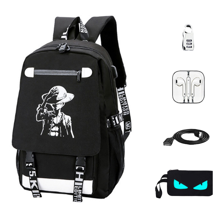 Balo nam dạ quang phát sáng hình Luffy Cool Ngầu, Tặng kèm cáp sạc USB & Khóa số chống trộm, Tai nghe, Ví mắt dạ quang