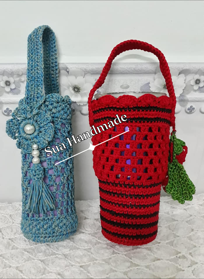 Combo Túi đựng ly giữ nhiệt handmad màu xanh tua và hình dâu chất liệu dệt Việt Nam(không bao gồm ly)