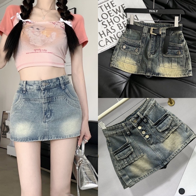 Chân váy jean ngắn chữ A lưng cao, Quần Short Jean cv có bảo hộ bên trong