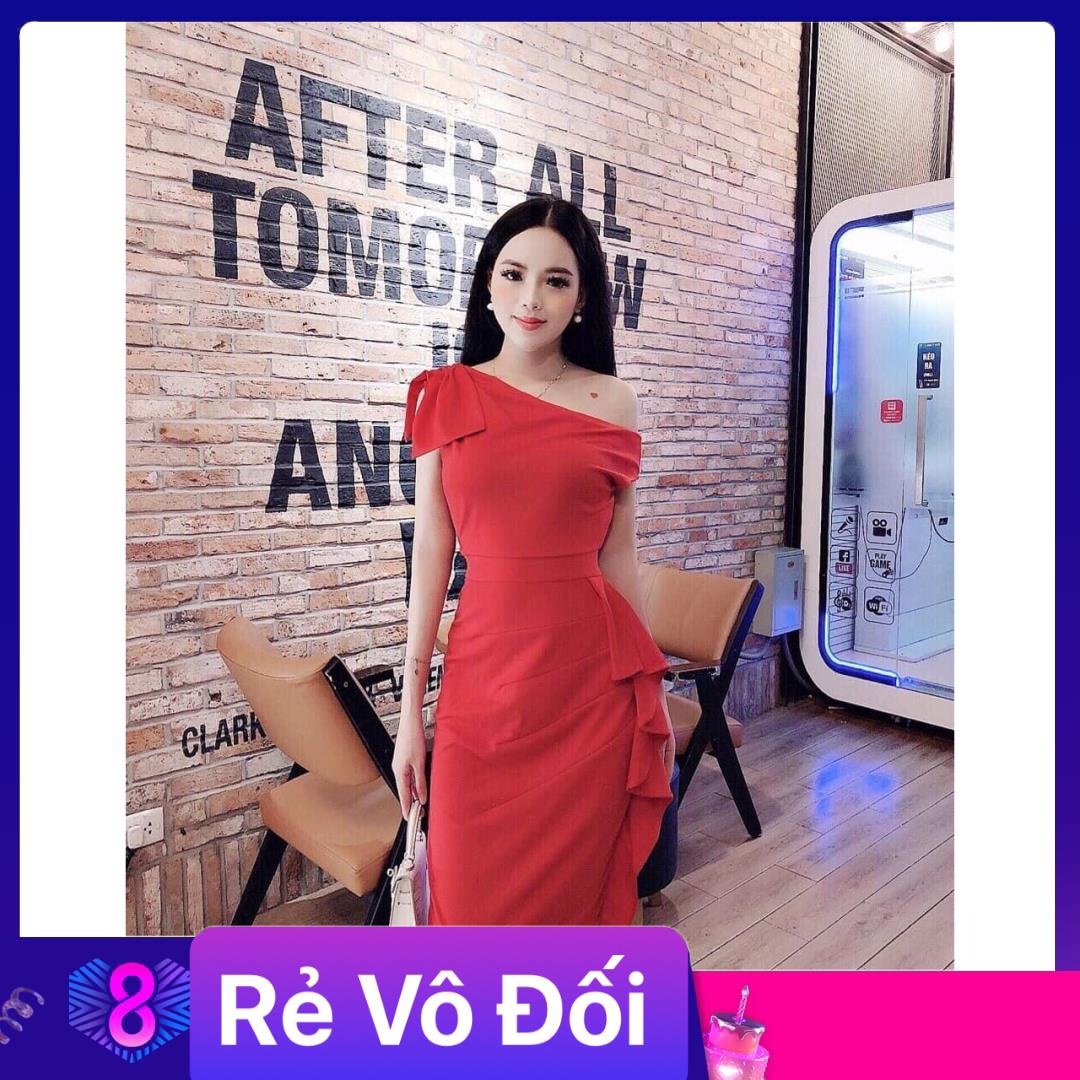 Đầm body lệch vai phối nơ chất umi freesize 2 màu trắng đỏ