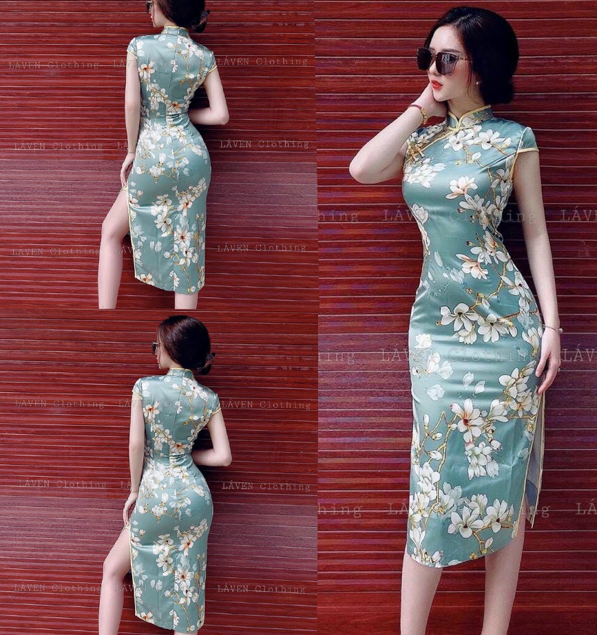 [Mẫu Hot] Đầm Váy Nữ Ôm Body Sườn Xám Cổ Tàu Họa Tiết Hoa Xẻ Tà Thời Trang Kiểu Cách Đi Chơi, Đi Dự Tiệc D.ONE FASHION, Mẫu Free Size (40-55Kg) Mặc Vừa