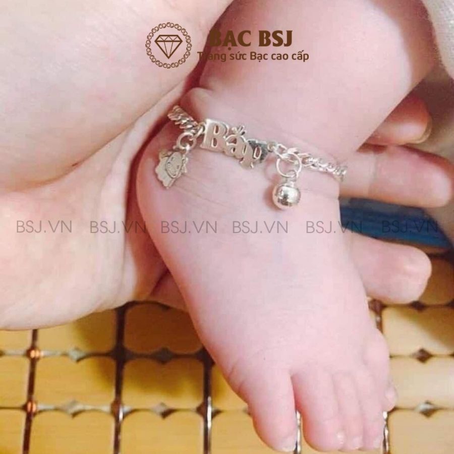Lắc chân bạc cho bé khắc tên kết hợp chuông và con giáp theo tuổi chất liệu bạc ta cao cấp