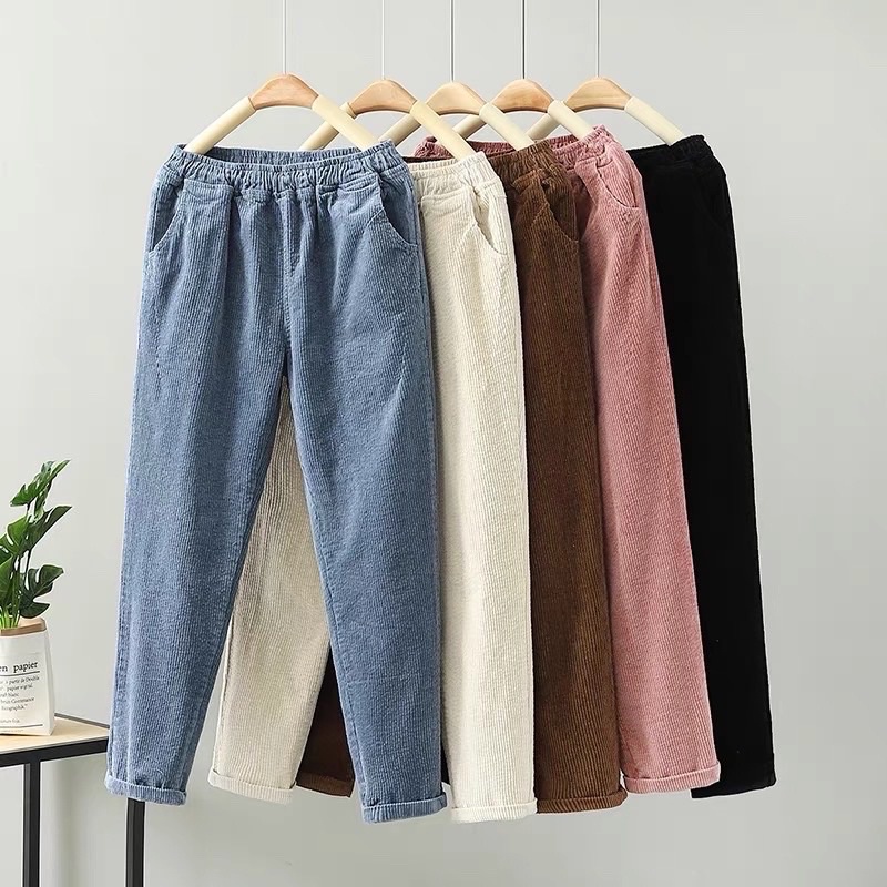 Quần nhung tăm nữ cạp thun kiểu dáng baggy hàn quốc 70