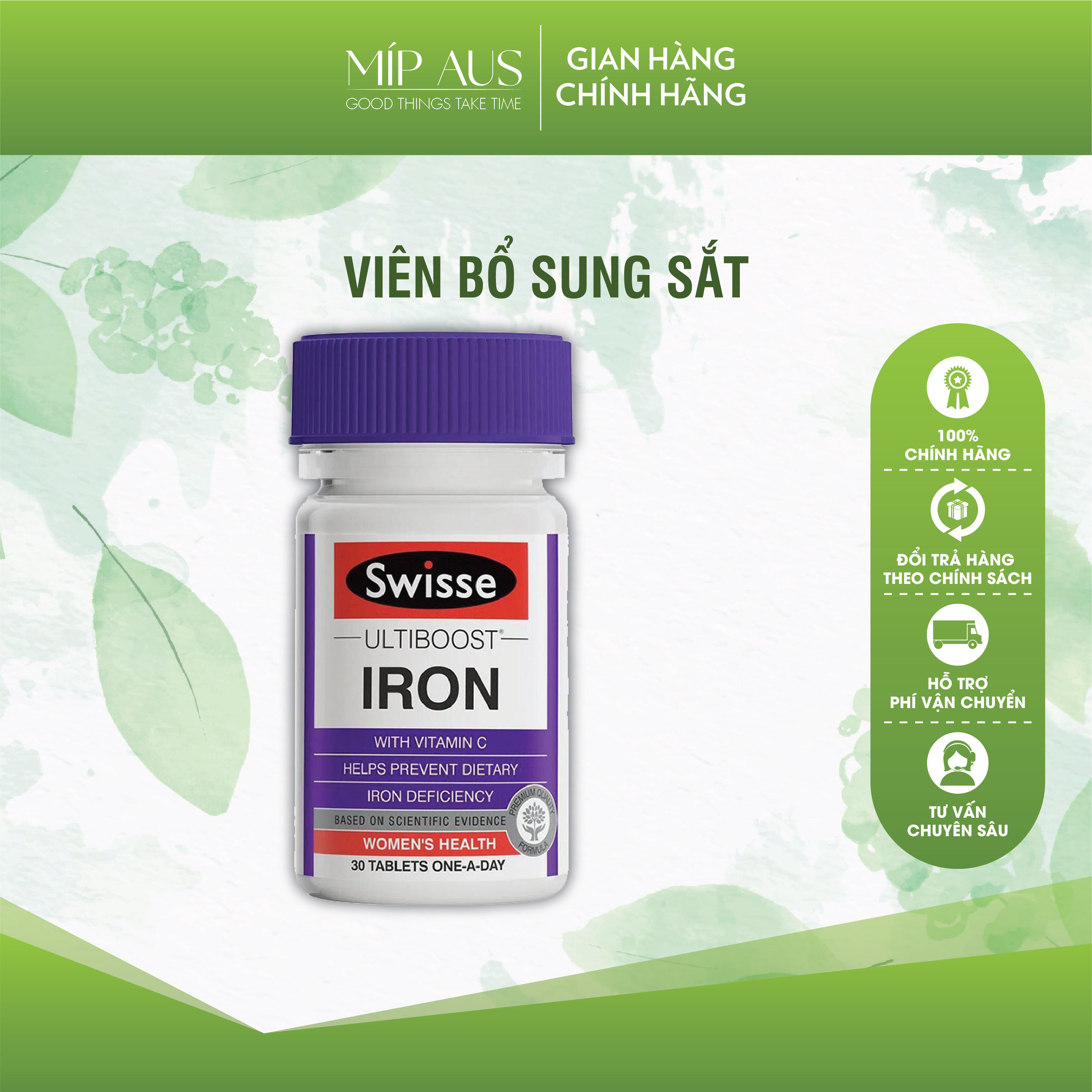 Viên bổ sung sắt hữu cơ - swisse ultiboost iron với vitamin c, tảo xoắn - 30 viên