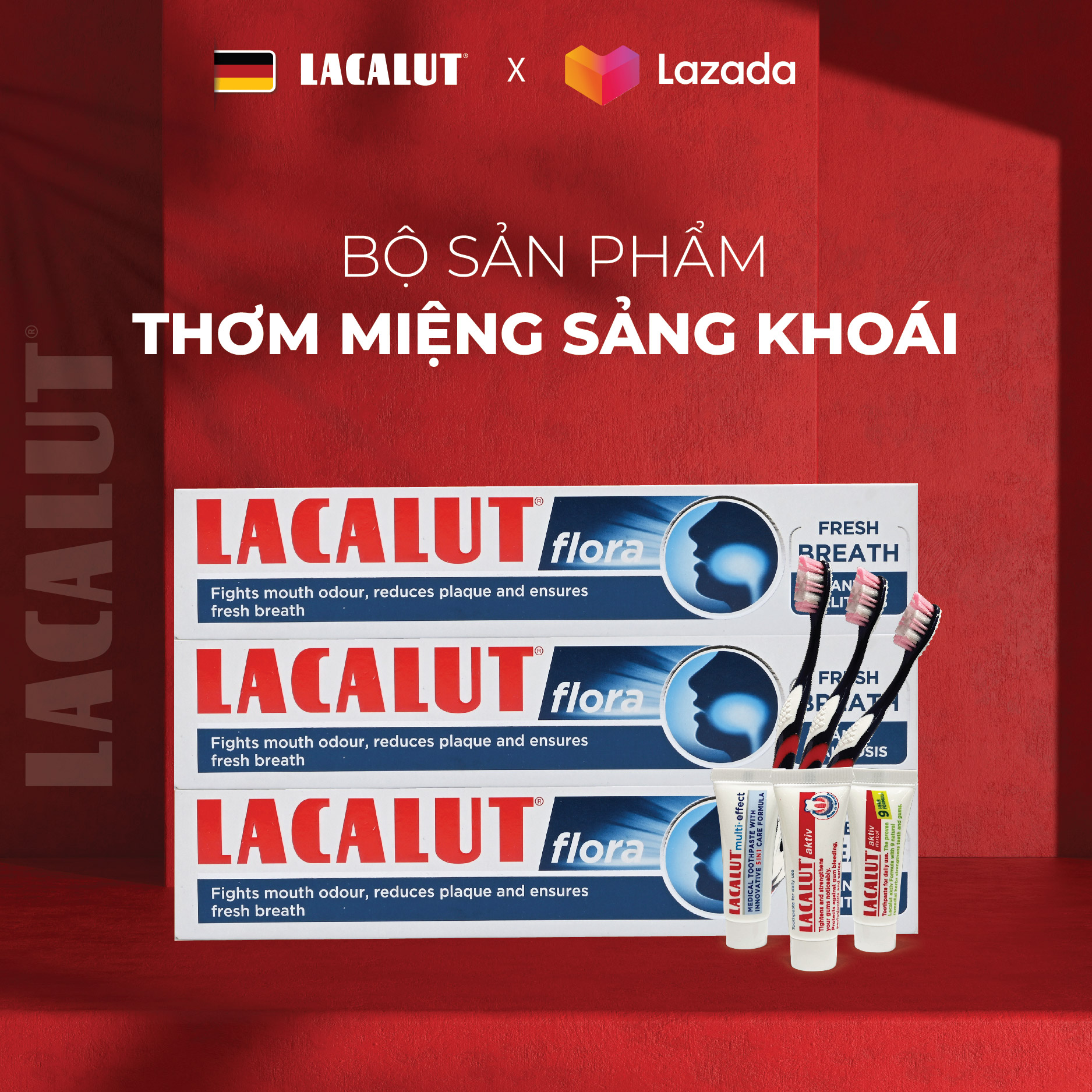 Combo tiết kiệm 3 kem đánh răng lacalut flora 75ml + 3 bàn chải + 3 mẫu thử