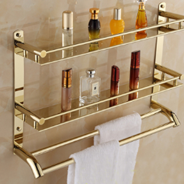 Kệ treo tường nhà tắm - Giá treo khăn tắm, giá để khăn - Kệ đa năng 3 tầng bằng hợp kim chống rỉ màu vàng đẹp trang trí nhà tắm