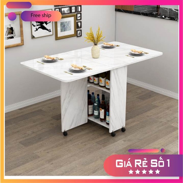 Bàn ăn thông minh gấp gọn dài 1m4 x 80cm, Bàn ăn đẹp, Bàn ăn gỗ mạ vân đá sang trọng DH-BGK2066
