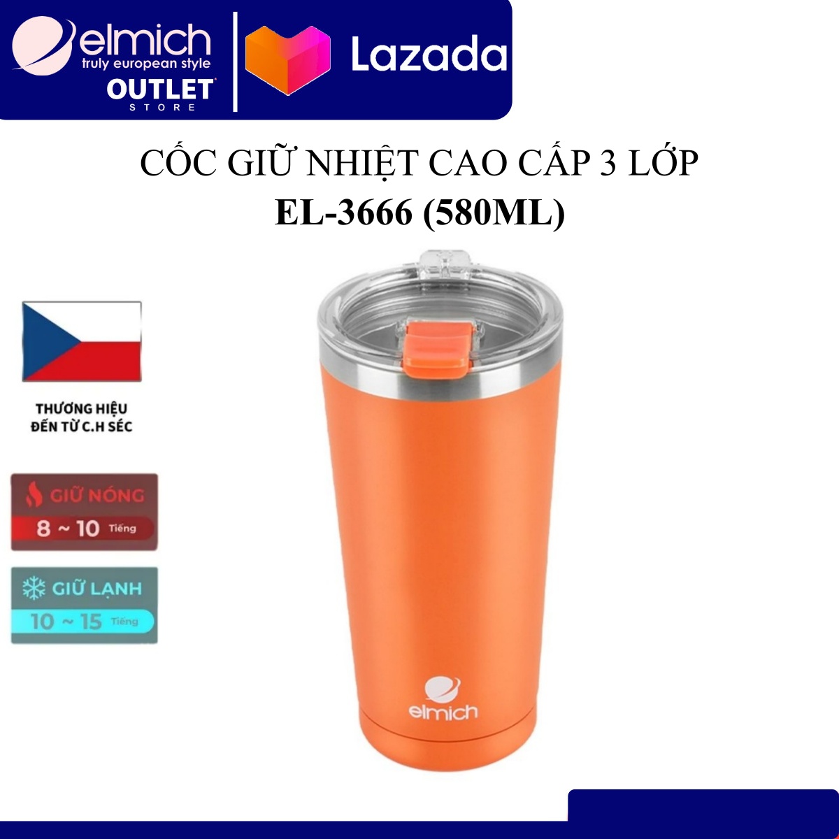CỐC GIỮ NHIỆT ELMICH INOX 304 2243666 (Dung tích 580ml, Màu: Cam/Đen, Giữ nóng 8 tiếng lạnh 12 tiếng)