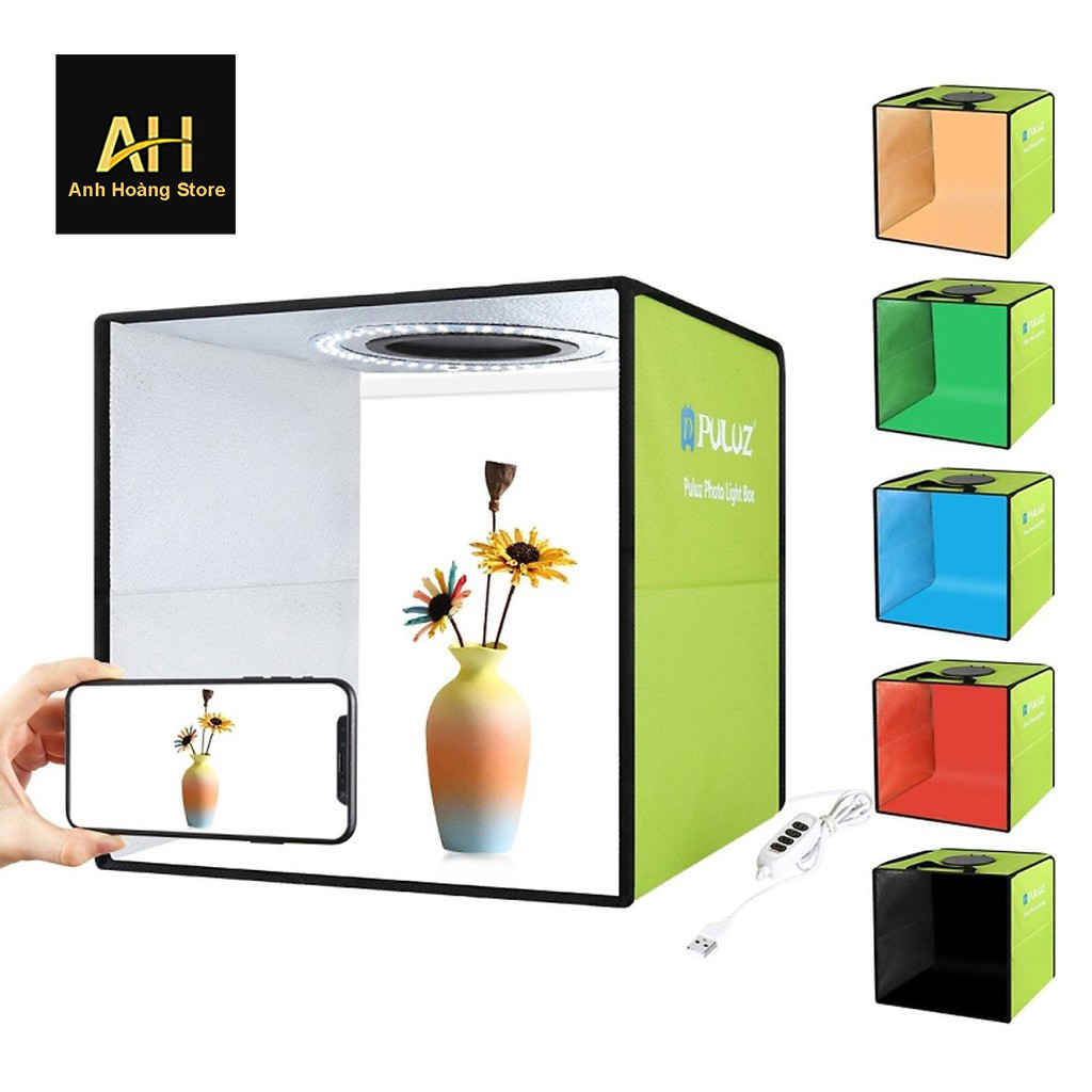 Hộp chụp ảnh sản phẩm puluz 30*30cm có 3 chế độ siêu sáng màu xanh