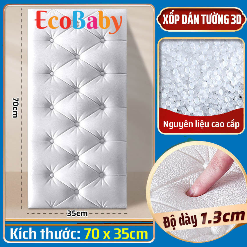 Xốp dán tường, giấy dán tường tự dính, xốp dán tường 3d trang trí nhà cửa, tấm dán tường không thấm nước dùng trong phòng khách, phòng ngủ, thảm xốp 3d chống va đập, kích thước 70x35cm, dày 1.3cm, màu trắng - ECOBABY